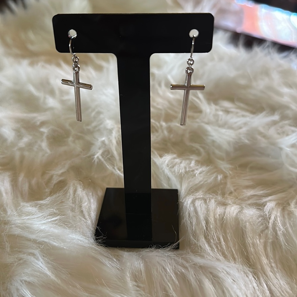 14k white gold cross earrings